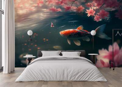 Red koi fish swimming in the water in the pink flowers background.  Generative AI. Wall mural