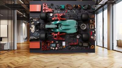 Separate parts of the formula 1 car in dark background. Generative AI. Wall mural