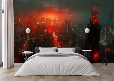 Skyline view of cityscape with sunlight and flare in warm light color tone. Wall mural