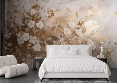 Spring flowers in the marble background. Generative AI. Wall mural