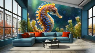 The colorful sea horse in the deep sea. Wall mural