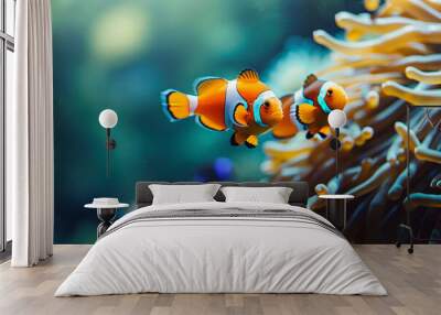 two orange and white fish swimming in anemone Wall mural