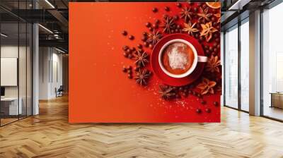 Winter christmas flat lay with christmas decorations, baubles, hot chocolate star anise brown and red background Wall mural