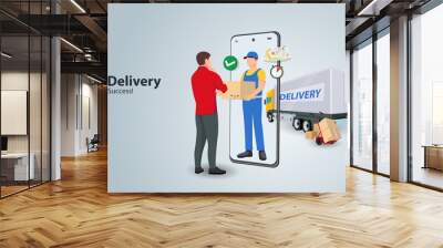 delivery boy flat design vector concept. guy courier stays with the box near the door that looks like a smartphone and gives it to the customer. Wall mural