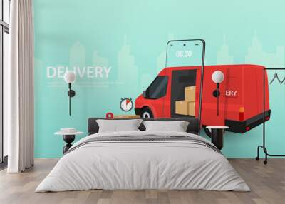 Delivery Car. Concept online city, tracking, box, service. Vector illustration. Wall mural