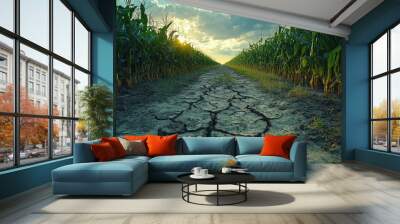 A cracked, dry earth path winding through a field of corn plants Wall mural