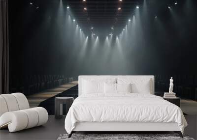 A dark stage with an extended runway illuminated by spotlights, prepared for a performance or fashion show Wall mural