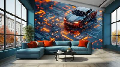 Autonomous car technology concept with a digital blue circuit board and a white modern SUV on top Wall mural