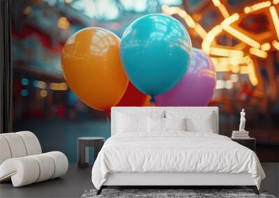 Colorful Balloons Floating Above Funfairs Event with Carnival Lights Wall mural