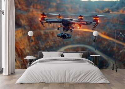 Drone flying over an open pit mine  Wall mural