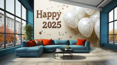 Gold Happy 2025 balloons with confetti. Studio shot. New Year celebration concept Wall mural