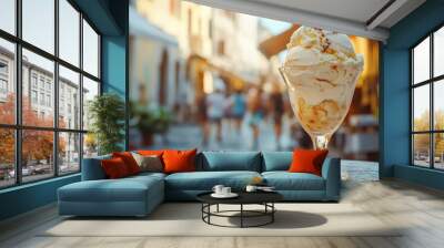 Ice cream in a glass cup on a street cafe table Wall mural