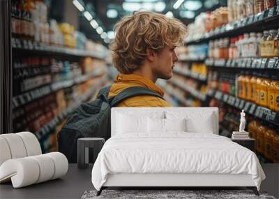 Man in a supermarket or grocery store looking at the shelf full of products, comparing prices and choosing what to buy Wall mural