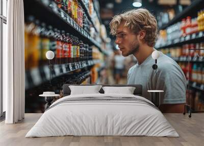 Man in a supermarket or grocery store looking at the shelf full of products, comparing prices and choosing what to buy Wall mural