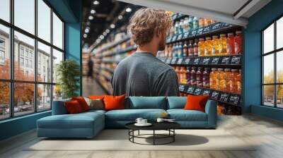 Man in a supermarket or grocery store looking at the shelf full of products, comparing prices and choosing what to buy Wall mural