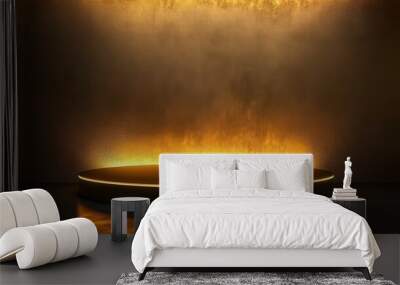 Modern podium with golden vertical light and dark backdrop, suited for showcasing products. Wall mural