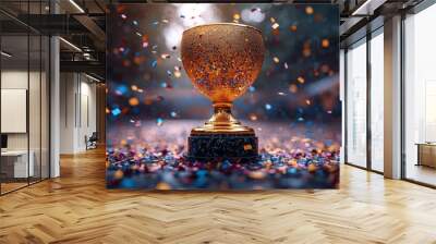 Sparkling golden trophy surrounded by a shower of vibrant confetti, emphasizing celebration and success Wall mural