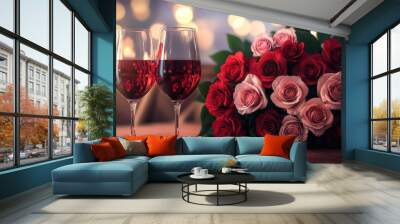 Two glasses of red wine arranged for a Valentine's Day card on February 14th, background with selective focus Wall mural