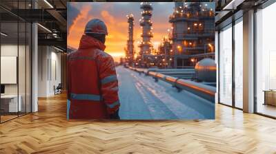 Worker in uniform walking beside the gas pipeline at an oil and gas tank plant, large metal pipes visible on a winter day Wall mural