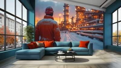 Worker in uniform walking beside the gas pipeline at an oil and gas tank plant, large metal pipes visible on a winter day Wall mural