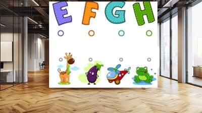 A set of illustrations for children where you need to combine the letter E, F, G and H with the beginning of the words in the pictures with the image of a giraffe, eggplant, helicopter and frog. Enter Wall mural