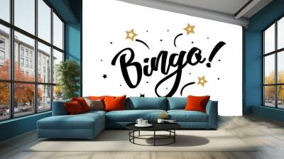 Bingo. Beautiful greeting card poster, calligraphy black text word golden star fireworks. Hand drawn, design elements. Handwritten modern brush lettering, white background isolated vector Wall mural