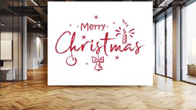 Merry christmas, happy new year lettering font text card. Typography inscription decoration poster winter holiday design red candle Christmas tree bell snow. Vector illustration isolated background. Wall mural