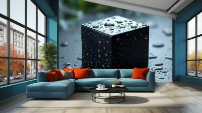 Abstract Minimalist Black Cube with Water Droplets: A Modern Design Concept for Technology Backgrounds and Graphic Design Projects Wall mural