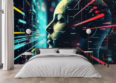 Abstract profile of a three-dimensional human face illustrating big data, artificial intelligence, and cyber security within a digital matrix environment Wall mural