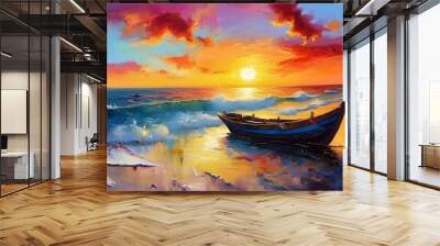 Abstract sunset painting featuring boats on a beach, showcasing vibrant acrylic artwork and artistic elements in the background. Wall mural