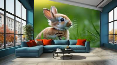 Adorable bunny nestled in vibrant green grass Wall mural