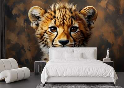 African-inspired seamless fashion featuring distressed print of a little cheetah on a brown fur background Wall mural