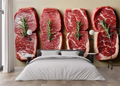 Artistic display of fresh raw beef steaks with detailed marbling arranged in a stunning repeating pattern on a neutral beige background Wall mural