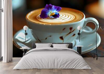 Artistic latte coffee topped with intricate designs and adorned with Chinese Violet flower, showcasing the fusion of culinary and technological creativity. Wall mural