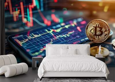 Bitcoin and cryptocurrency revolution with financial charts and smartphone showcasing stock market data and blockchain technology Wall mural