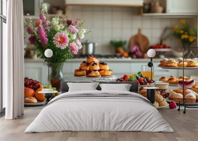 Bright kitchen display of assorted pastries, fresh fruit, and drinks adorned with elegant floral arrangements Wall mural