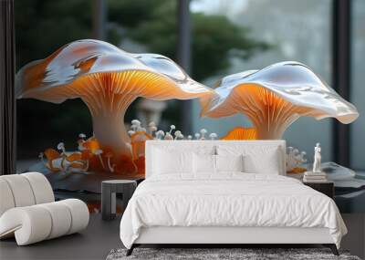 Captivating close-up of vibrant orange and white glass mushrooms in a reflective artistic arrangement, celebrating modern design and creativity Wall mural