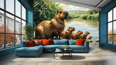 Capybara mother relaxing with her playful pups by the riverside Wall mural