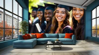 Celebratory moment of young graduates in caps and gowns, proudly holding diplomas under a sunny sky, sharing joy and accomplishment on graduation day Wall mural