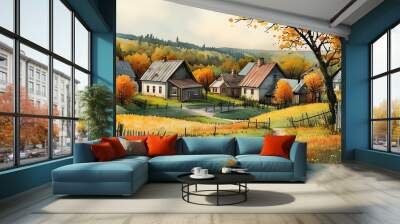 Charming autumn village scene in watercolor, capturing cozy rural life and the nostalgic beauty of a scenic countryside landscape Wall mural