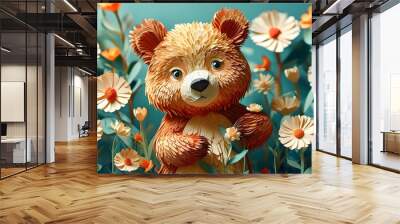 Charming Bear Surrounded by Blossoms in Whimsical Paper Cut Illustration for Nursery Decor Wall mural