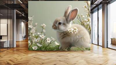 Charming beige bunny with delicate white flower in serene springtime setting, ideal for Easter cards and baby room decor in a festive 3D illustration Wall mural