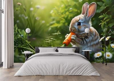 Charming Bunny Delightfully Nibbling Carrot in Vibrant Spring Garden Wall mural