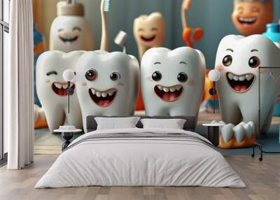 Cheerful cartoon teeth promoting dental health with toothbrushes and care products in a vibrant setting Wall mural