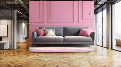 Cheerful minimal interior featuring a grey sofa against a vibrant pink wall, perfect for a modern living room mockup design Wall mural