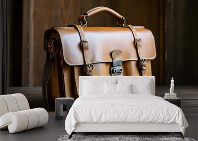 Classic brown leather briefcase featuring elegant buckles and a secure lock. Wall mural