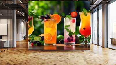 Colorful array of summer cocktails adorned with fresh fruits and herbs, ideal for festive gatherings and refreshing celebrations Wall mural