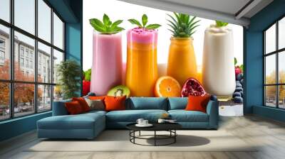 colorful assortment of delicious milkshakes isolated on white background Wall mural