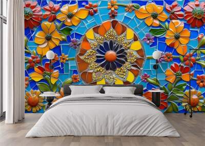 Colorful Mosaic Tile Frame Showcasing Intricate Floral Designs with Generous Copy Space for Creative Expression Wall mural