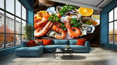 Colorful seafood feast with shrimp, oysters, and fresh citrus garnishes served with savory dipping sauces on a rustic wooden table Wall mural